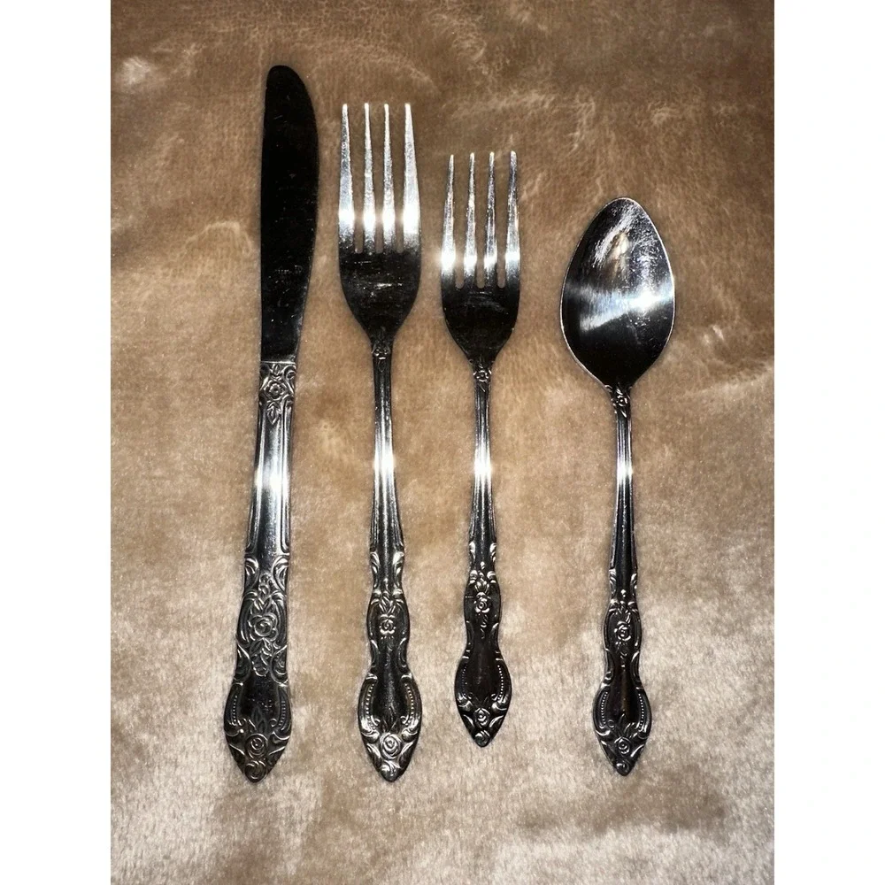 Lustreware Silverware Stainless Ornate Rose Korea Spoon Knife 2 forks Lot